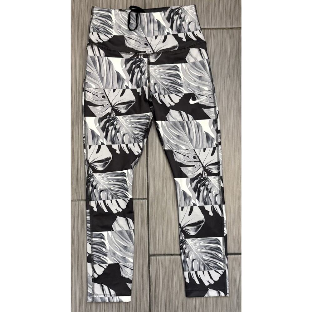 Nike Womens Black/White Runway Print CJ2162-010 Cropped Running Leggings Size XS